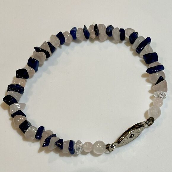 Handmade Rose Quartz And Blue Lapis Chip  Bracelet 7.50in Sterling Plated - Picture 1 of 6